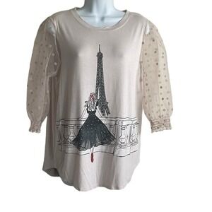 Love‎ And Lace Women Paris Eiffel Tower Graphic Top S Sheer Polka Dot Sleeve